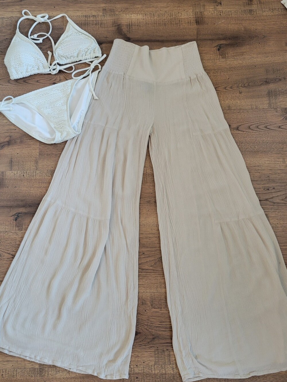 BEACH BUNDLE:  Tiered Wide Leg Cover-up Pants With Crochet Bikini